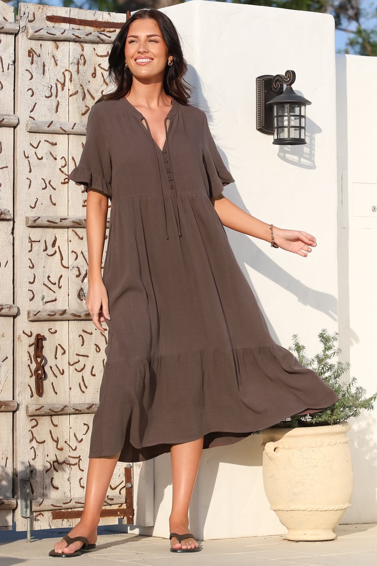 Madalena Midi Dress - Mandarin Collar Buttoned Bodice Smock Dress in Mocha
