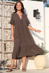 Madalena Midi Dress - Mandarin Collar Buttoned Bodice Smock Dress in Mocha