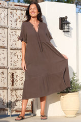 Madalena Midi Dress - Mandarin Collar Buttoned Bodice Smock Dress in Mocha
