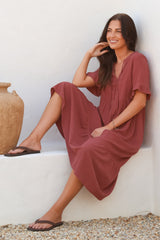Madalena Midi Dress - Mandarin Collar Buttoned Bodice Smock Dress in Terracotta