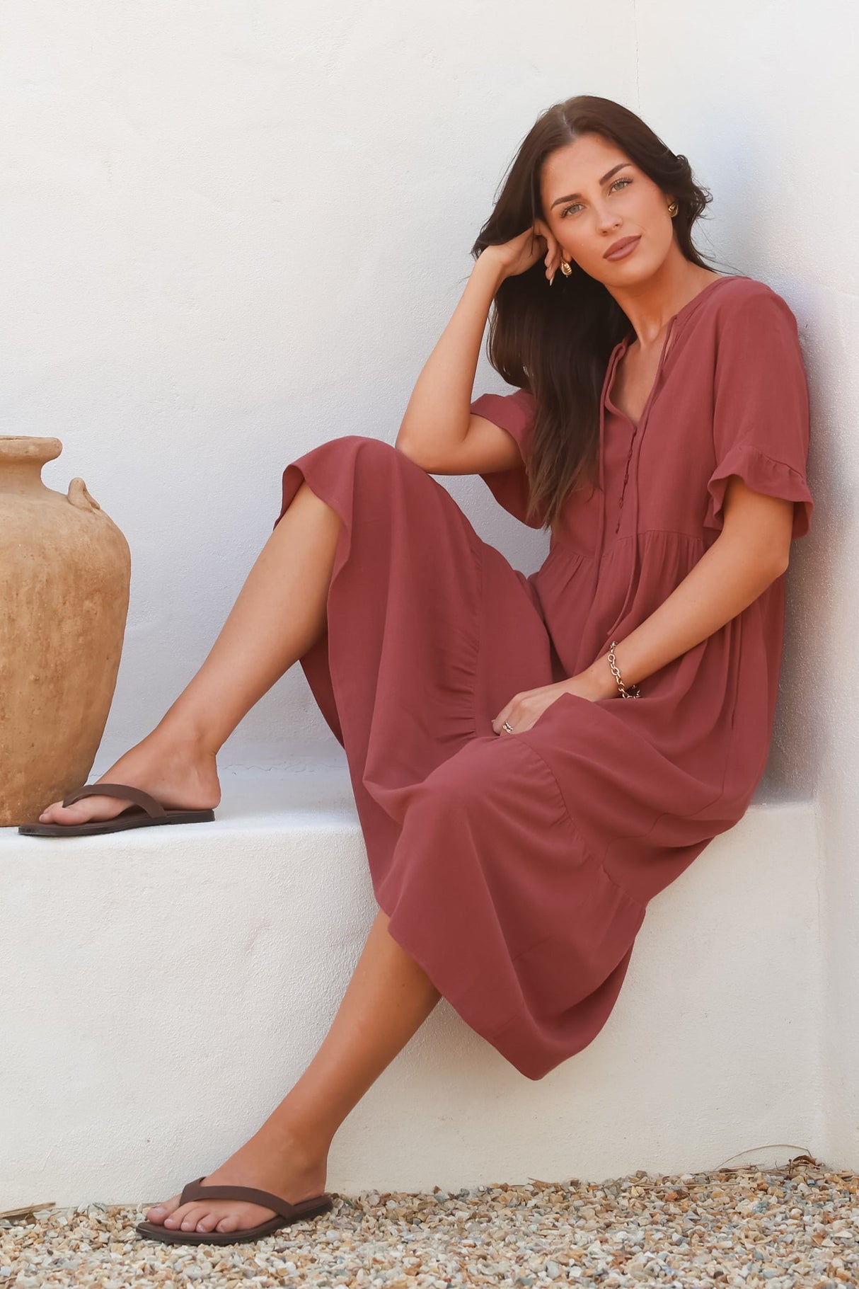 Madalena Midi Dress - Mandarin Collar Buttoned Bodice Smock Dress in Terracotta