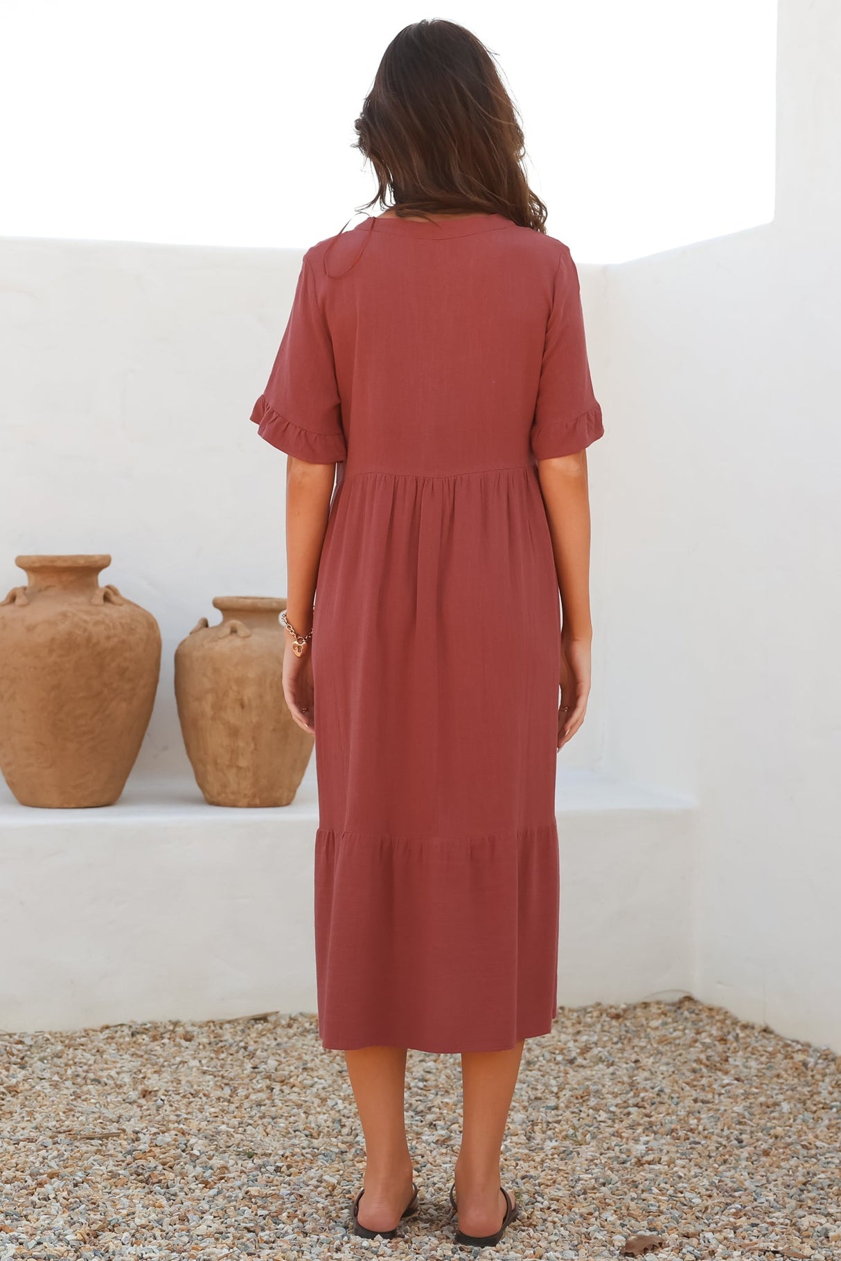 Madalena Midi Dress - Mandarin Collar Buttoned Bodice Smock Dress in Terracotta