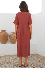 Madalena Midi Dress - Mandarin Collar Buttoned Bodice Smock Dress in Terracotta
