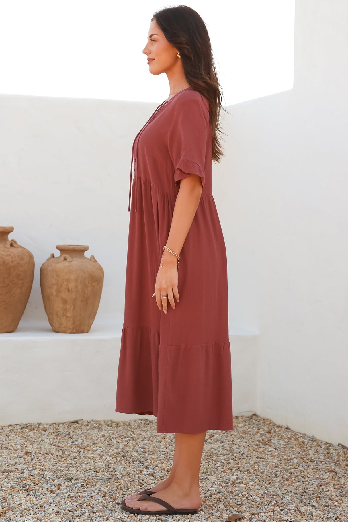 Madalena Midi Dress - Mandarin Collar Buttoned Bodice Smock Dress in Terracotta