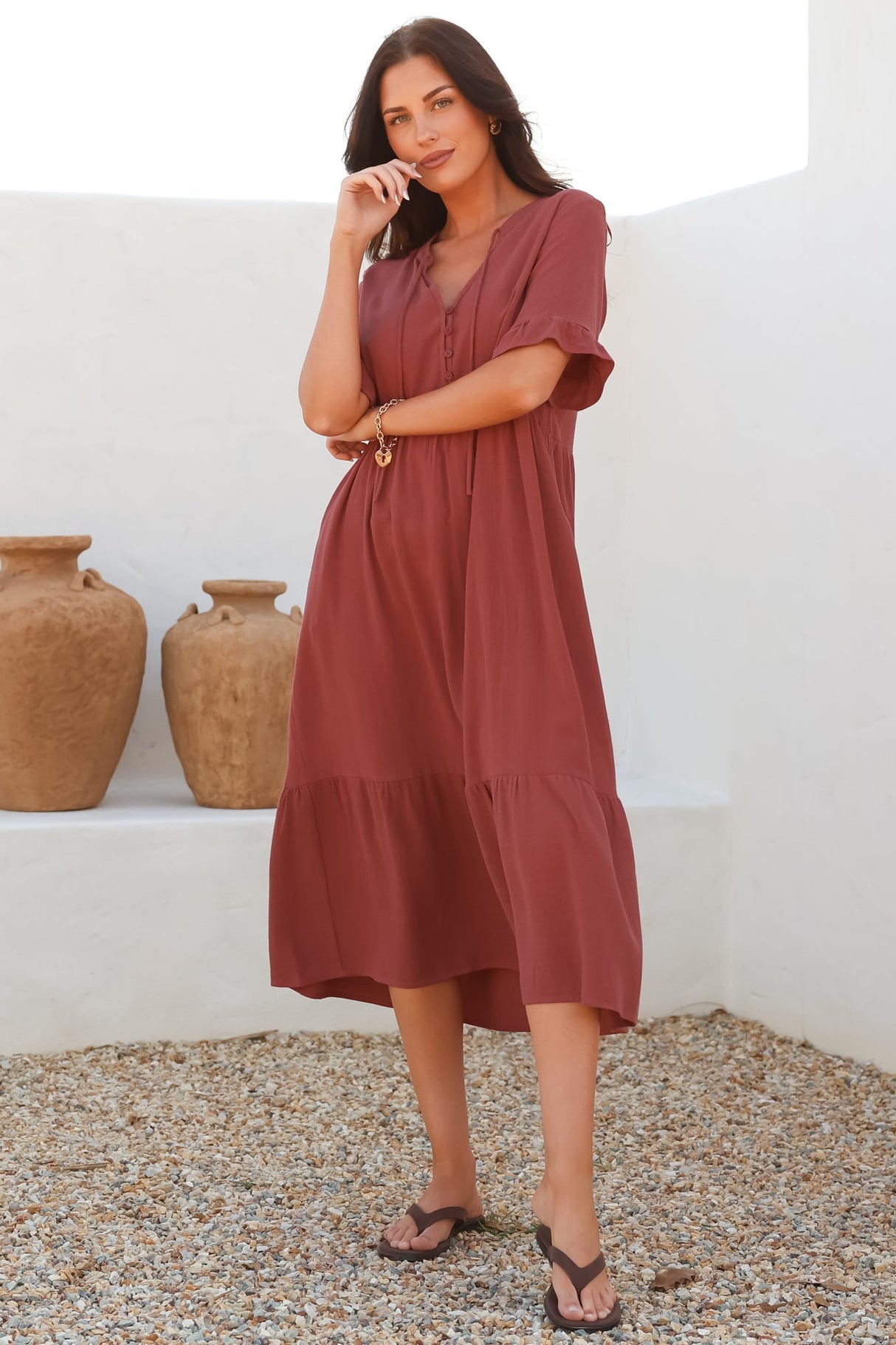Madalena Midi Dress - Mandarin Collar Buttoned Bodice Smock Dress in Terracotta