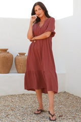 Madalena Midi Dress - Mandarin Collar Buttoned Bodice Smock Dress in Terracotta