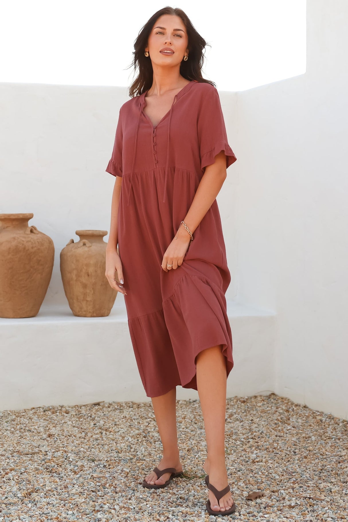 Madalena Midi Dress - Mandarin Collar Buttoned Bodice Smock Dress in Terracotta