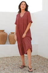 Madalena Midi Dress - Mandarin Collar Buttoned Bodice Smock Dress in Terracotta