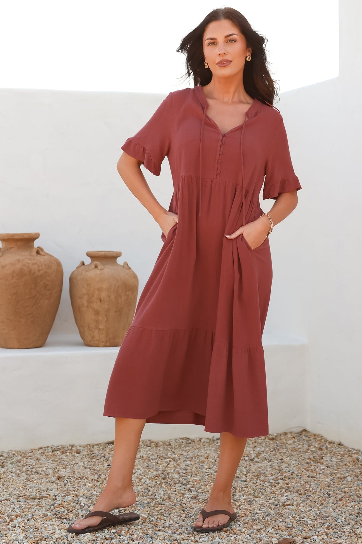 Madalena Midi Dress - Mandarin Collar Buttoned Bodice Smock Dress in Terracotta