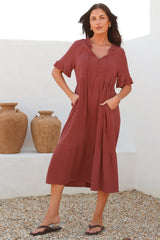 Madalena Midi Dress - Mandarin Collar Buttoned Bodice Smock Dress in Terracotta
