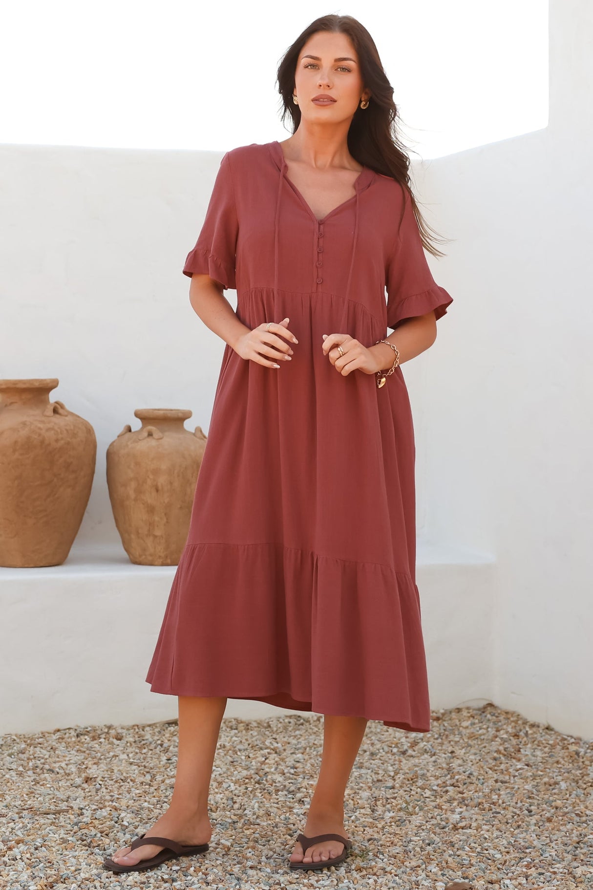 Madalena Midi Dress - Mandarin Collar Buttoned Bodice Smock Dress in Terracotta