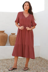 Madalena Midi Dress - Mandarin Collar Buttoned Bodice Smock Dress in Terracotta