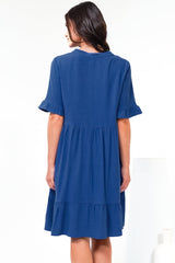 Madalena Mini Dress - Mandarin Collar Buttoned Bodice Smock Dress in Blue