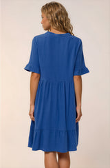Madalena Mini Dress - Mandarin Collar Buttoned Bodice Smock Dress in Blue