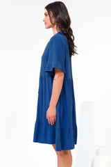 Madalena Mini Dress - Mandarin Collar Buttoned Bodice Smock Dress in Blue
