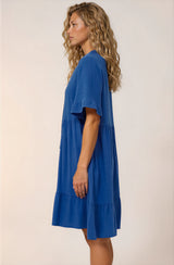 Madalena Mini Dress - Mandarin Collar Buttoned Bodice Smock Dress in Blue