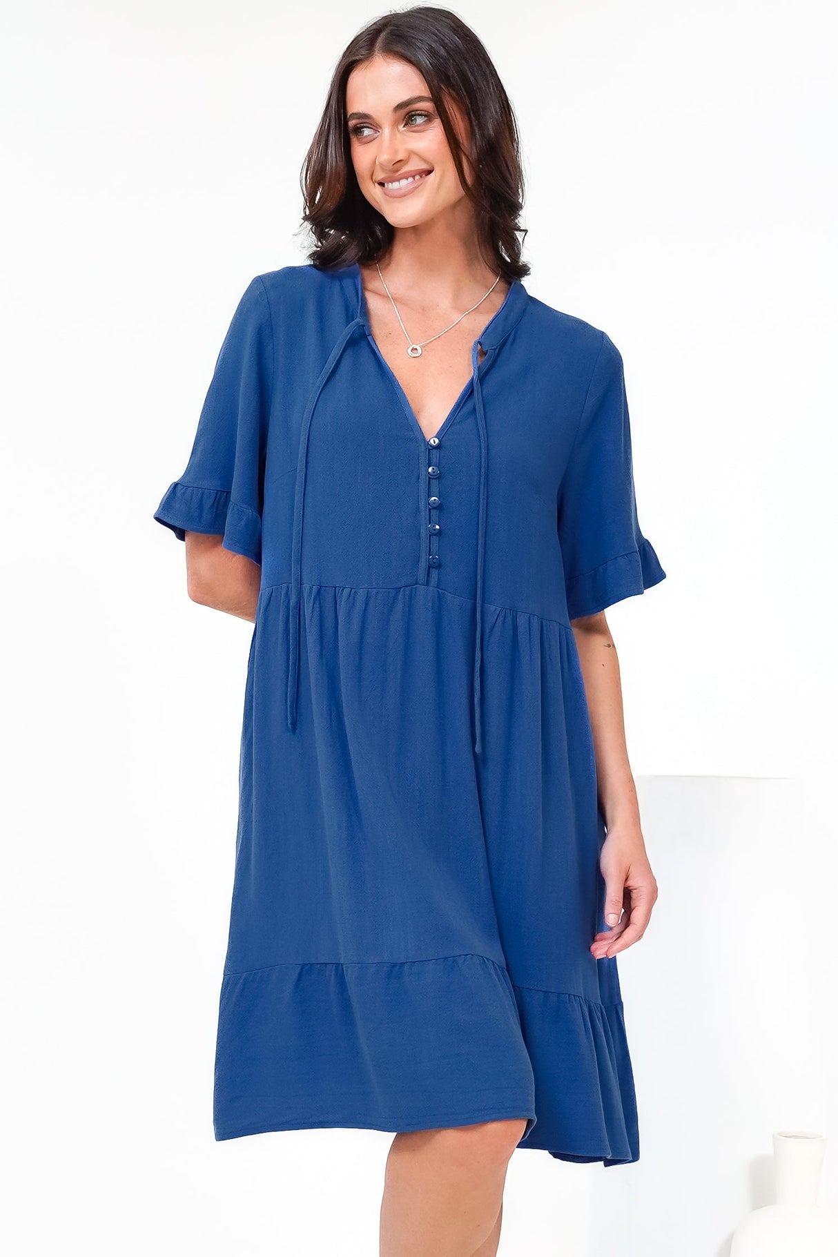 Madalena Mini Dress - Mandarin Collar Buttoned Bodice Smock Dress in Blue