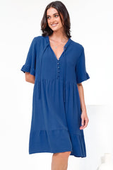 Madalena Mini Dress - Mandarin Collar Buttoned Bodice Smock Dress in Blue