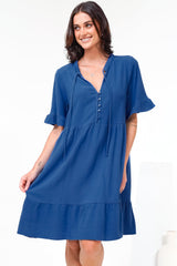Madalena Mini Dress - Mandarin Collar Buttoned Bodice Smock Dress in Blue