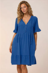 Madalena Mini Dress - Mandarin Collar Buttoned Bodice Smock Dress in Blue