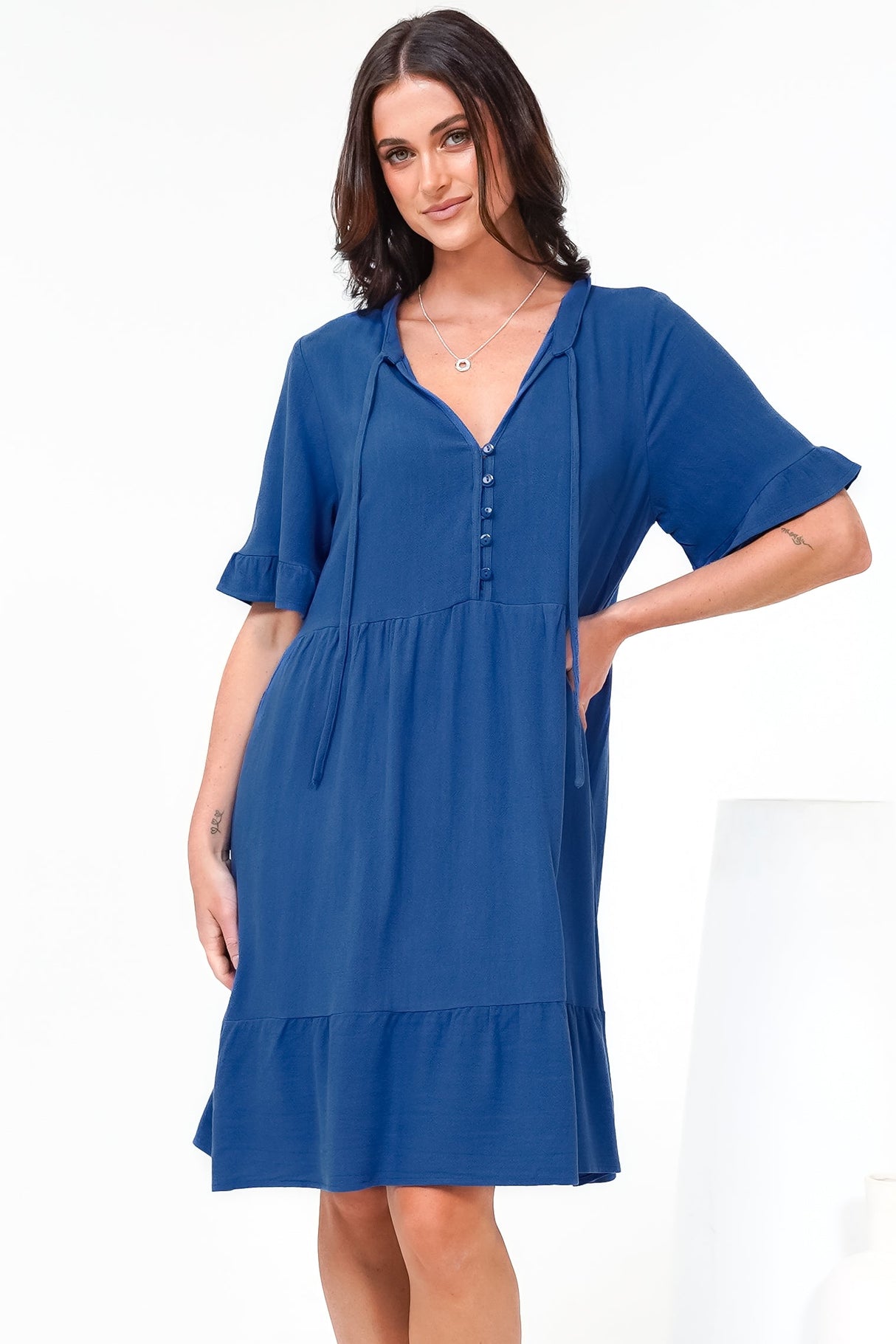 Madalena Mini Dress - Mandarin Collar Buttoned Bodice Smock Dress in Blue