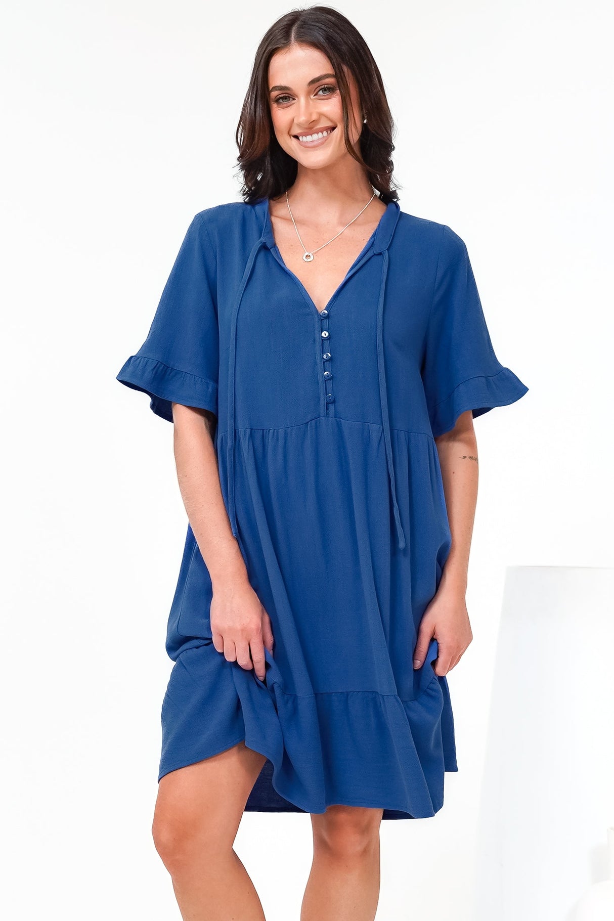 Madalena Mini Dress - Mandarin Collar Buttoned Bodice Smock Dress in Blue
