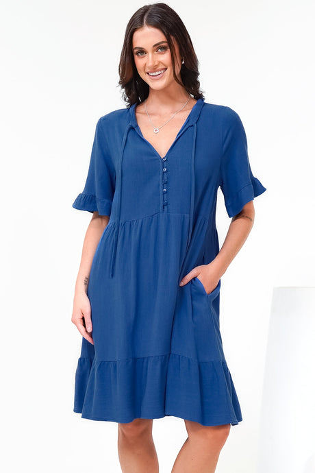 Madalena Mini Dress - Mandarin Collar Buttoned Bodice Smock Dress in Blue