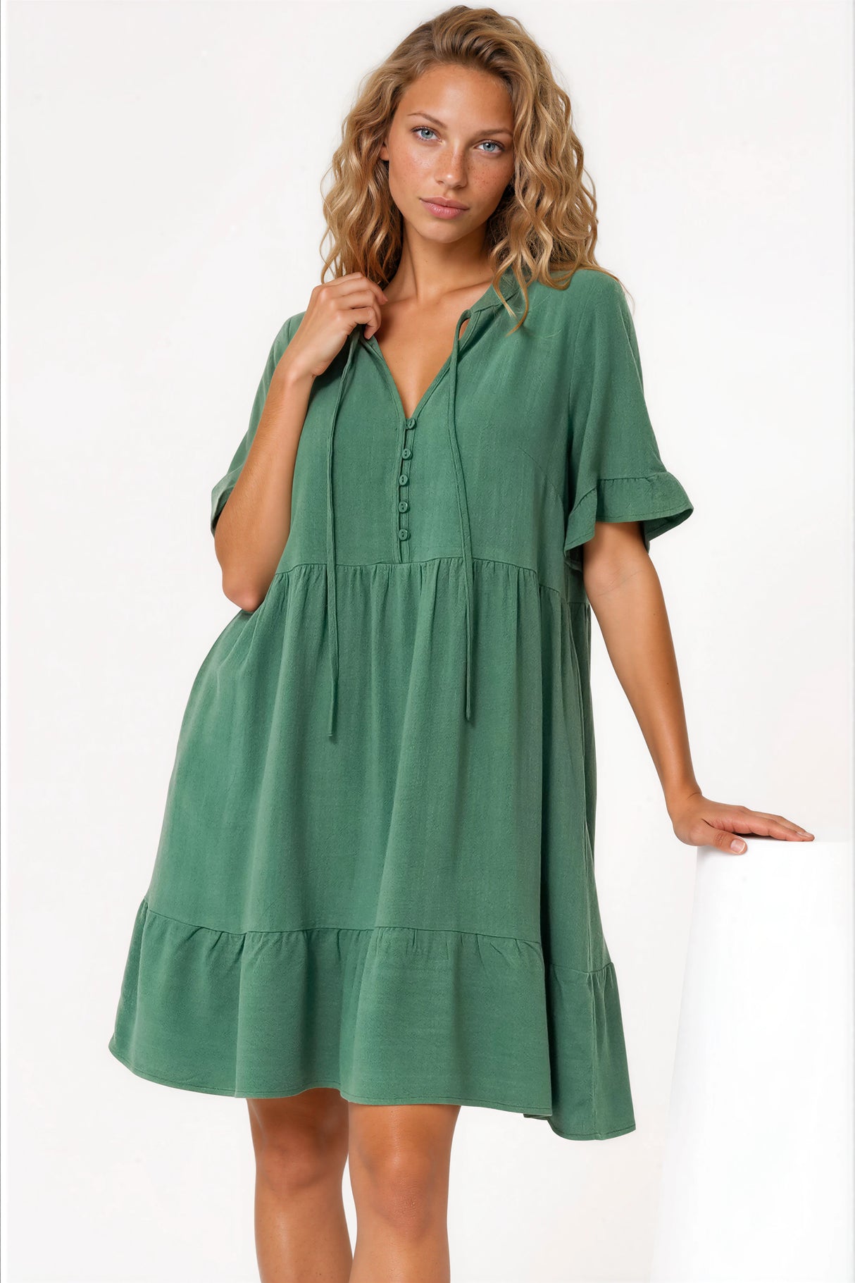 Madalena Mini Dress - Mandarin Collar Buttoned Bodice Smock Dress in Green
