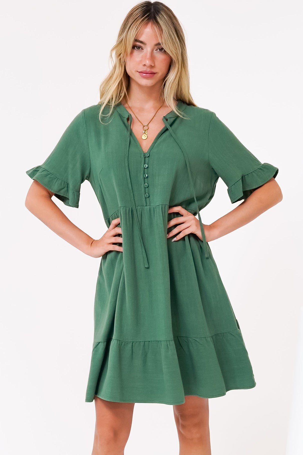 Madalena Mini Dress - Mandarin Collar Buttoned Bodice Smock Dress in Green