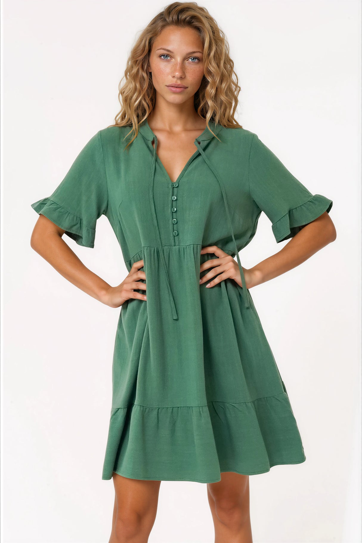 Madalena Mini Dress - Mandarin Collar Buttoned Bodice Smock Dress in Green