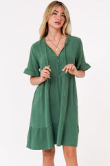 Madalena Mini Dress - Mandarin Collar Buttoned Bodice Smock Dress in Green