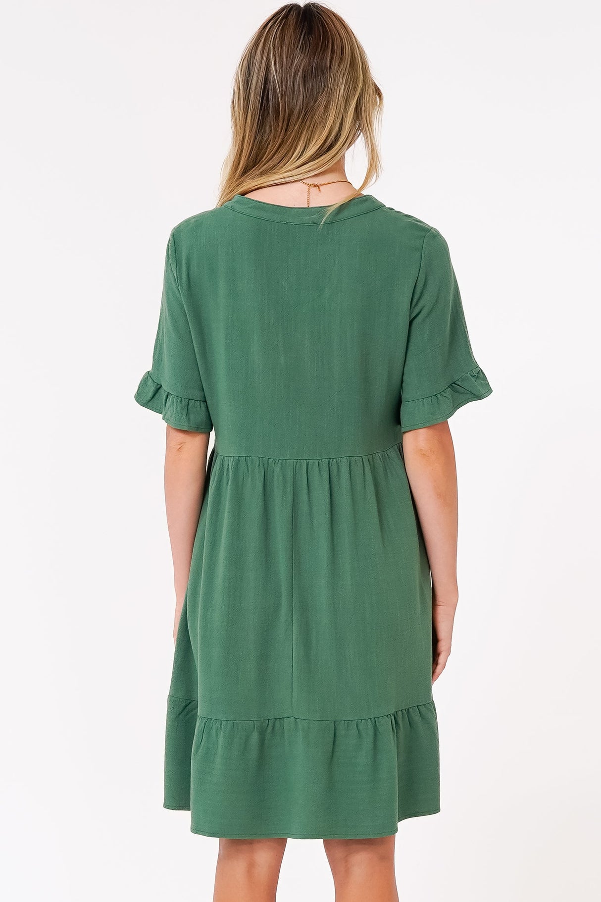 Madalena Mini Dress - Mandarin Collar Buttoned Bodice Smock Dress in Green