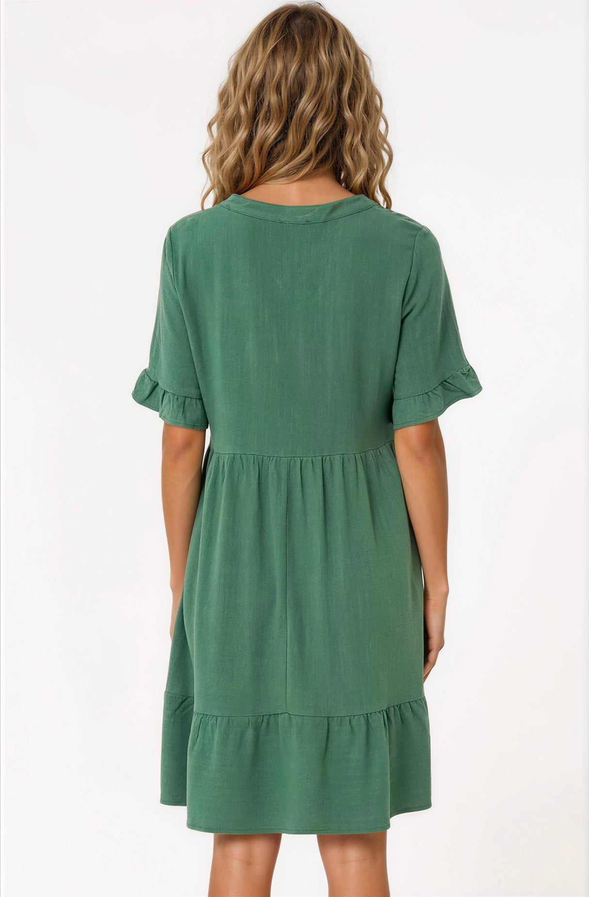 Madalena Mini Dress - Mandarin Collar Buttoned Bodice Smock Dress in Green