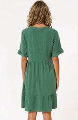 Madalena Mini Dress - Mandarin Collar Buttoned Bodice Smock Dress in Green