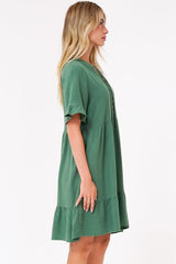 Madalena Mini Dress - Mandarin Collar Buttoned Bodice Smock Dress in Green