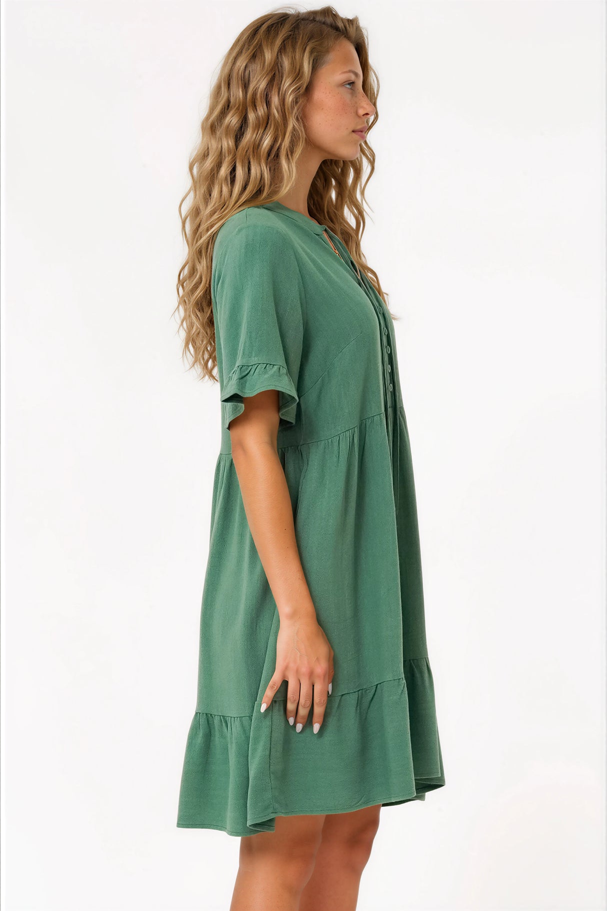 Madalena Mini Dress - Mandarin Collar Buttoned Bodice Smock Dress in Green