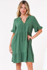 Madalena Mini Dress - Mandarin Collar Buttoned Bodice Smock Dress in Green