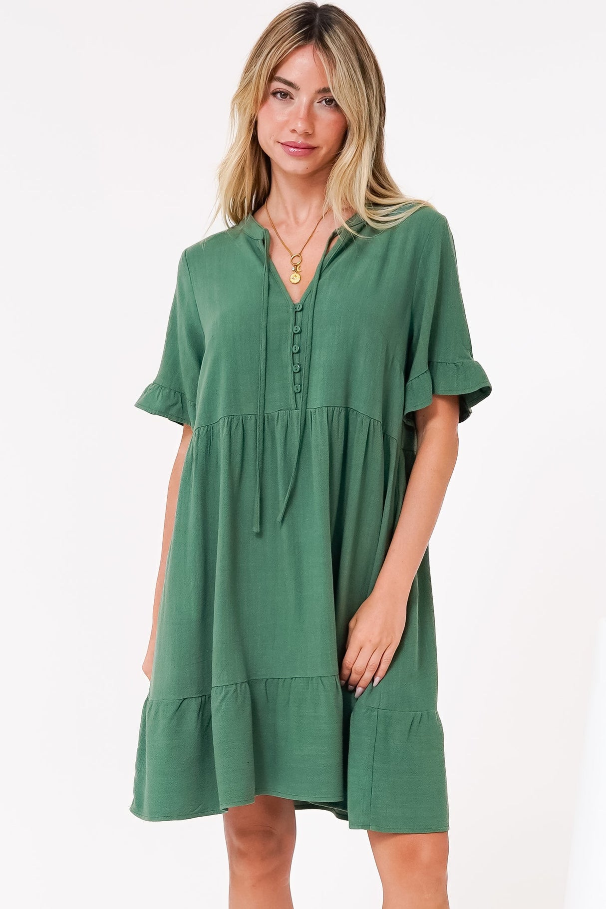 Madalena Mini Dress - Mandarin Collar Buttoned Bodice Smock Dress in Green