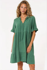 Madalena Mini Dress - Mandarin Collar Buttoned Bodice Smock Dress in Green
