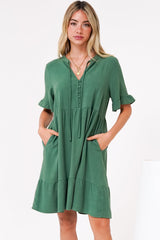 Madalena Mini Dress - Mandarin Collar Buttoned Bodice Smock Dress in Green