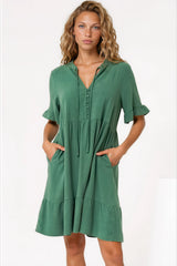 Madalena Mini Dress - Mandarin Collar Buttoned Bodice Smock Dress in Green