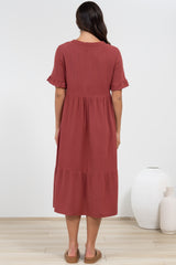 Madalena Midi Dress - Mandarin Collar Buttoned Bodice Smock Dress in Terracotta
