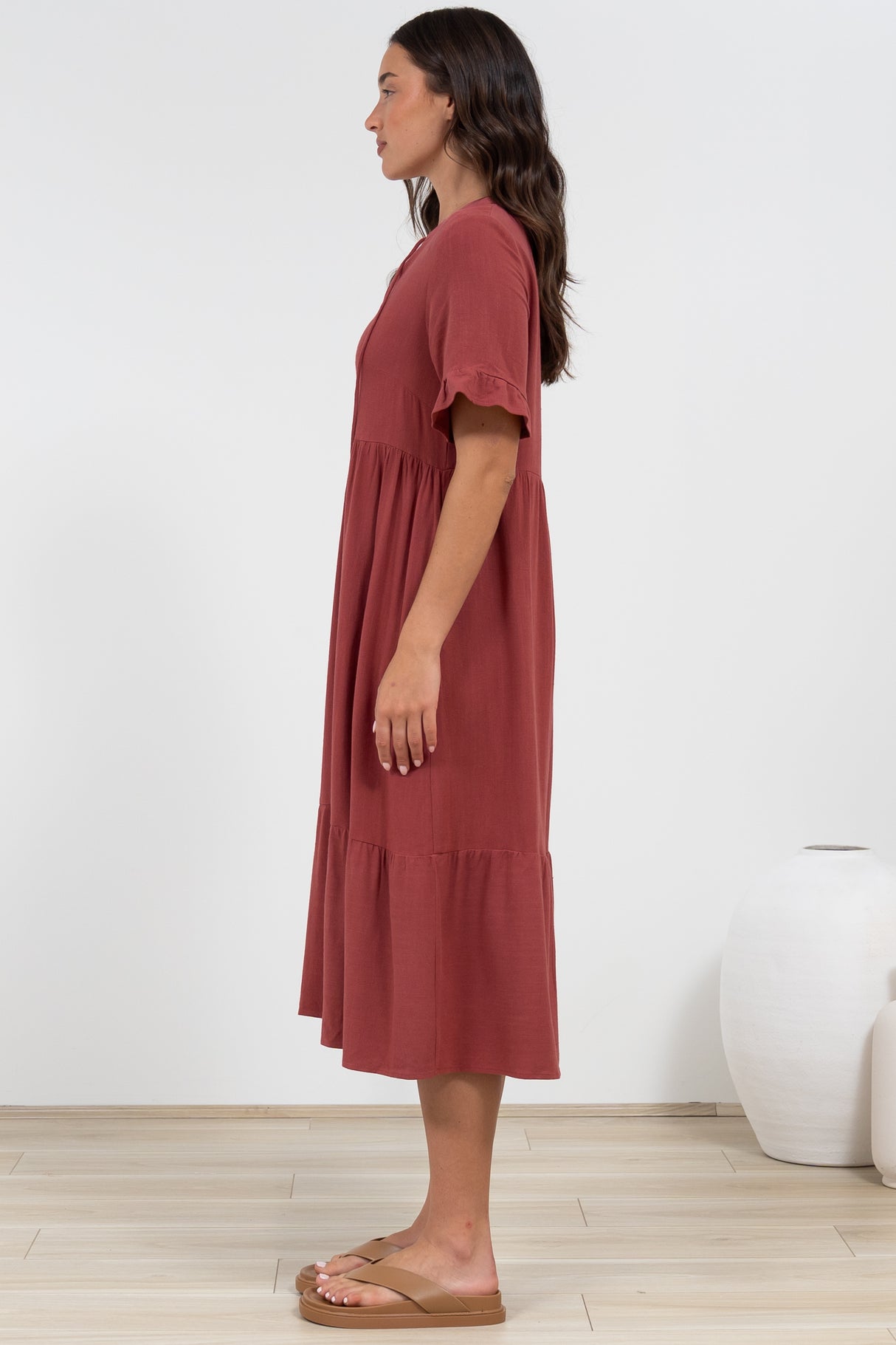 Madalena Midi Dress - Mandarin Collar Buttoned Bodice Smock Dress in Terracotta