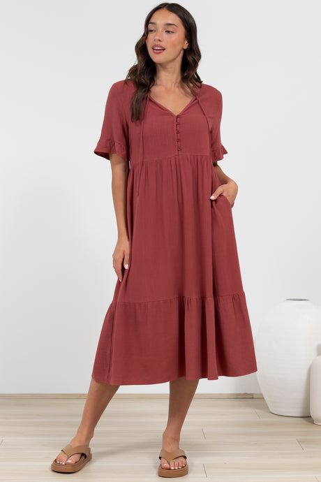Madalena Midi Dress - Mandarin Collar Buttoned Bodice Smock Dress in Terracotta