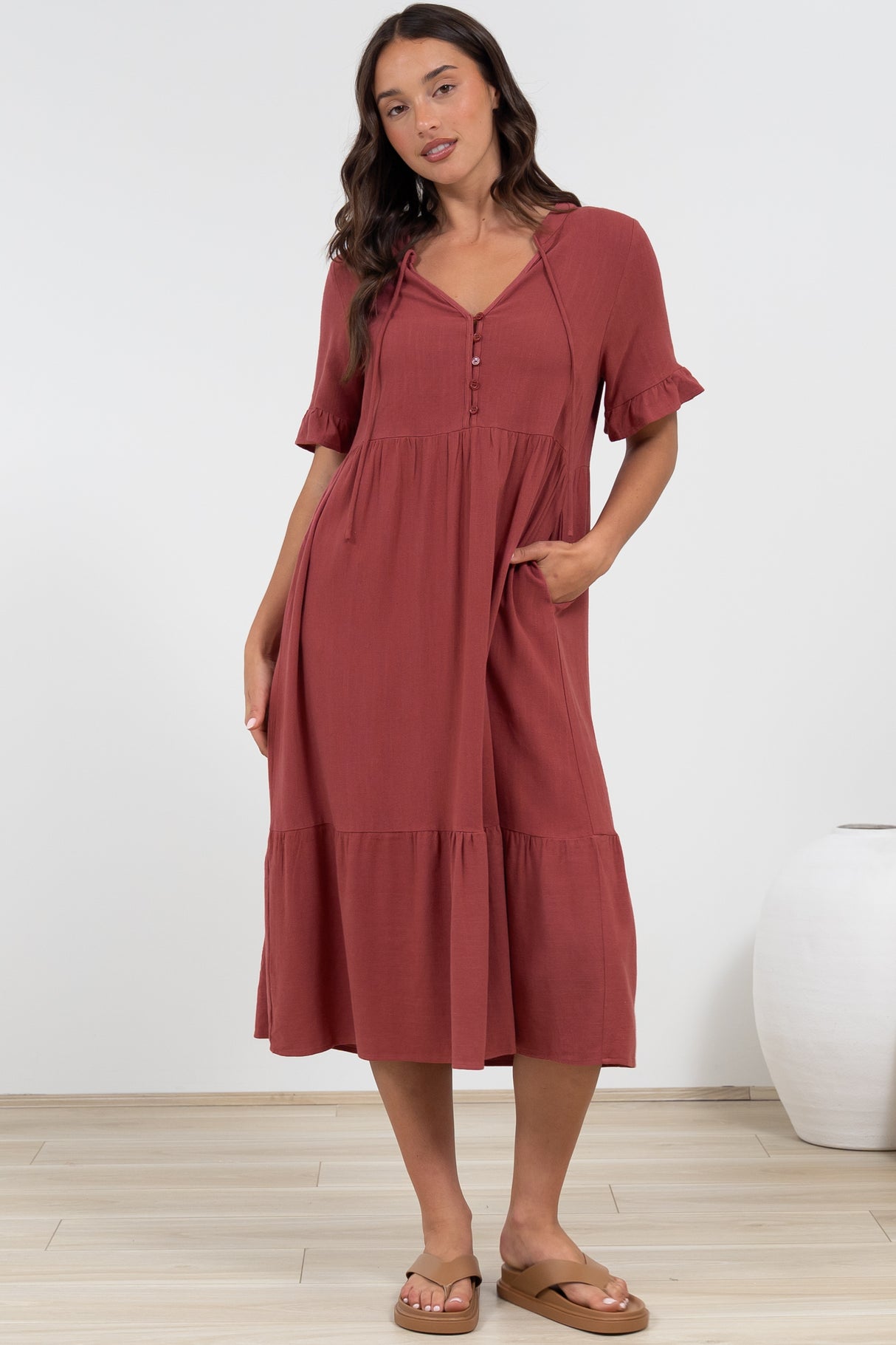 Madalena Midi Dress - Mandarin Collar Buttoned Bodice Smock Dress in Terracotta