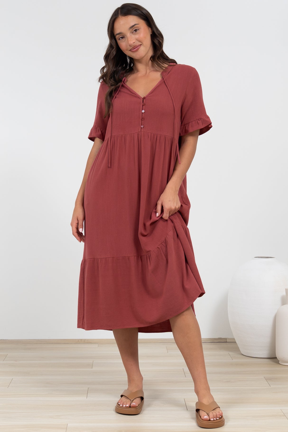 Madalena Midi Dress - Mandarin Collar Buttoned Bodice Smock Dress in Terracotta