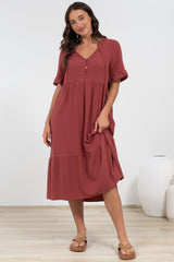Madalena Midi Dress - Mandarin Collar Buttoned Bodice Smock Dress in Terracotta