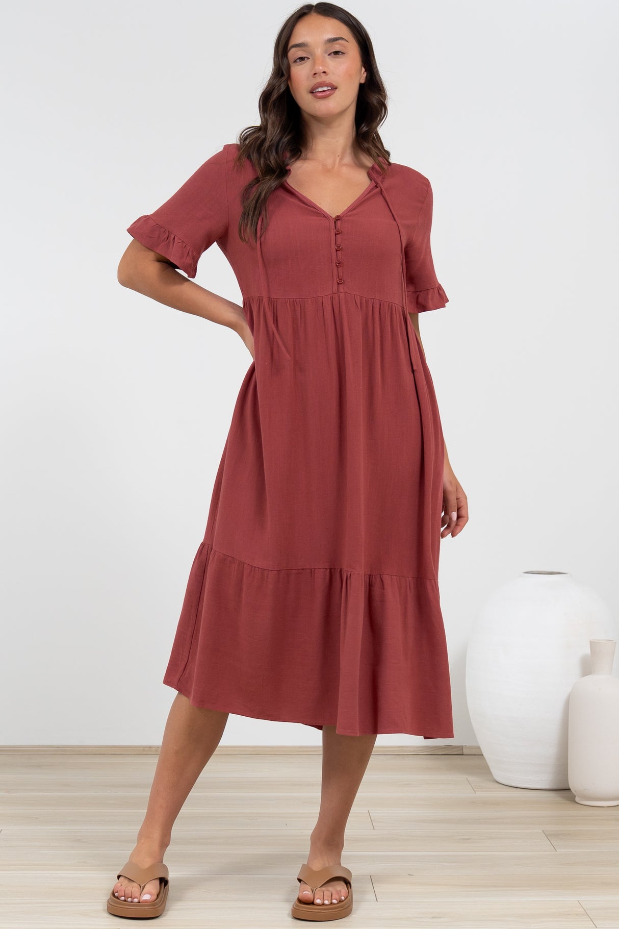 Madalena Midi Dress - Mandarin Collar Buttoned Bodice Smock Dress in Terracotta