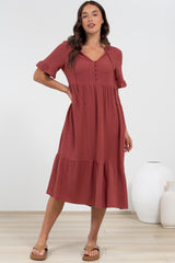 Madalena Midi Dress - Mandarin Collar Buttoned Bodice Smock Dress in Terracotta
