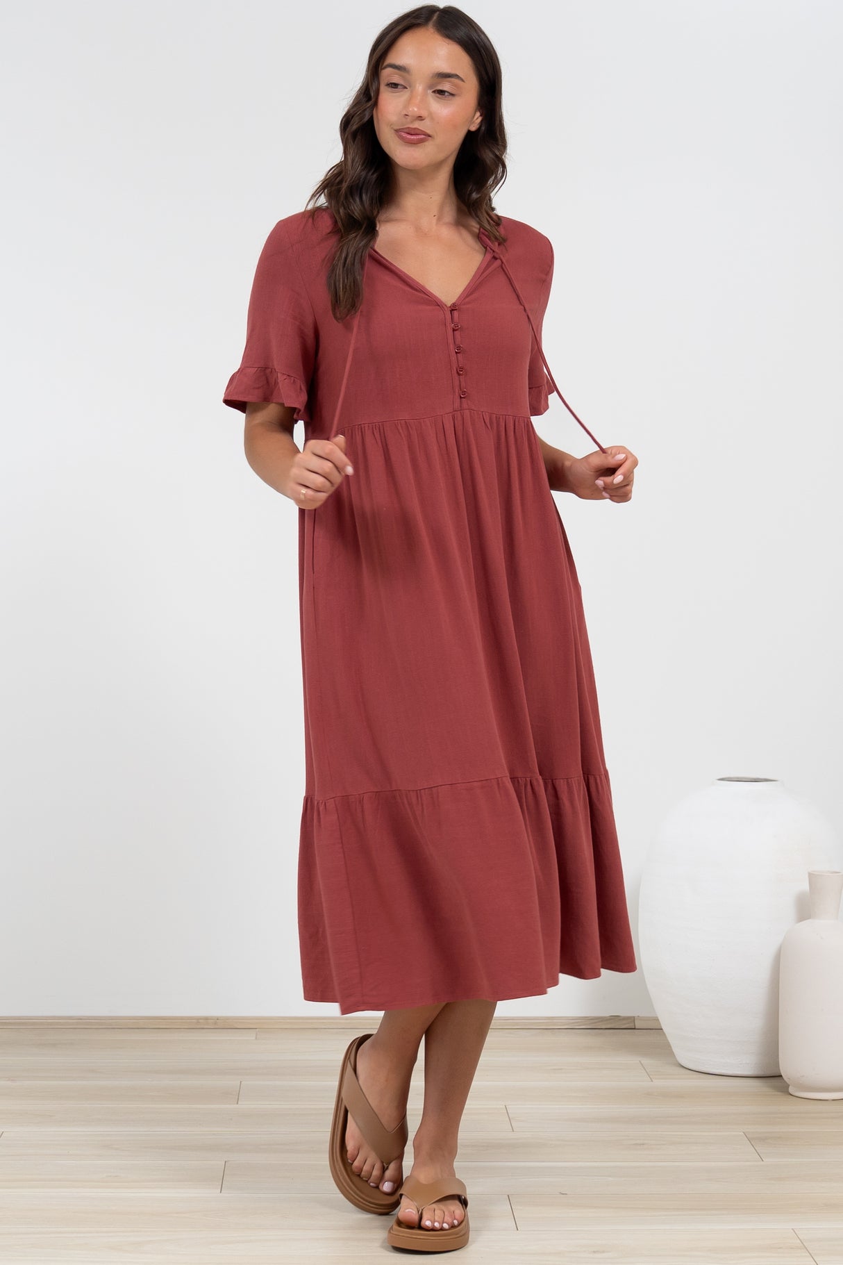 Madalena Midi Dress - Mandarin Collar Buttoned Bodice Smock Dress in Terracotta
